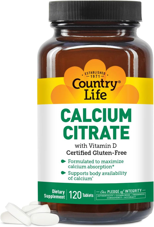Certified Gluten Free Vegan Halal Non-GMO Calcium Supplement - 120 Tablets - Country Life Calcium Citrate with Vitamin D for Maximized Absorption