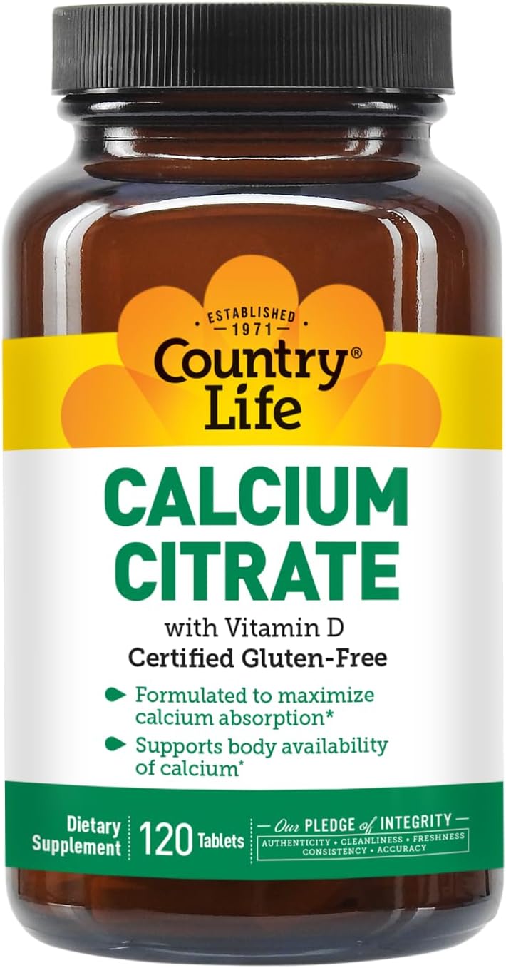 Certified Gluten Free Vegan Halal Non-GMO Calcium Supplement - 120 Tablets - Country Life Calcium Citrate with Vitamin D for Maximized Absorption