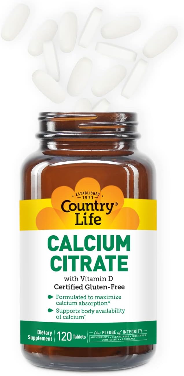 Certified Gluten Free Vegan Halal Non-GMO Calcium Supplement - 120 Tablets - Country Life Calcium Citrate with Vitamin D for Maximized Absorption