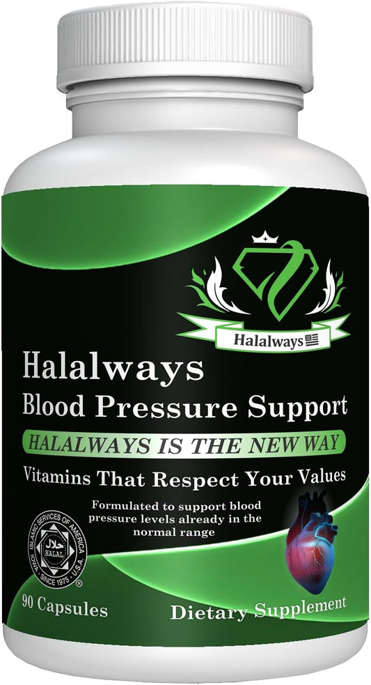 Certified Halal Halalways Blood Pressure Support Supplement with Garlic, Hawthorn, Green Tea, & Hibiscus for Healthy Hypertension