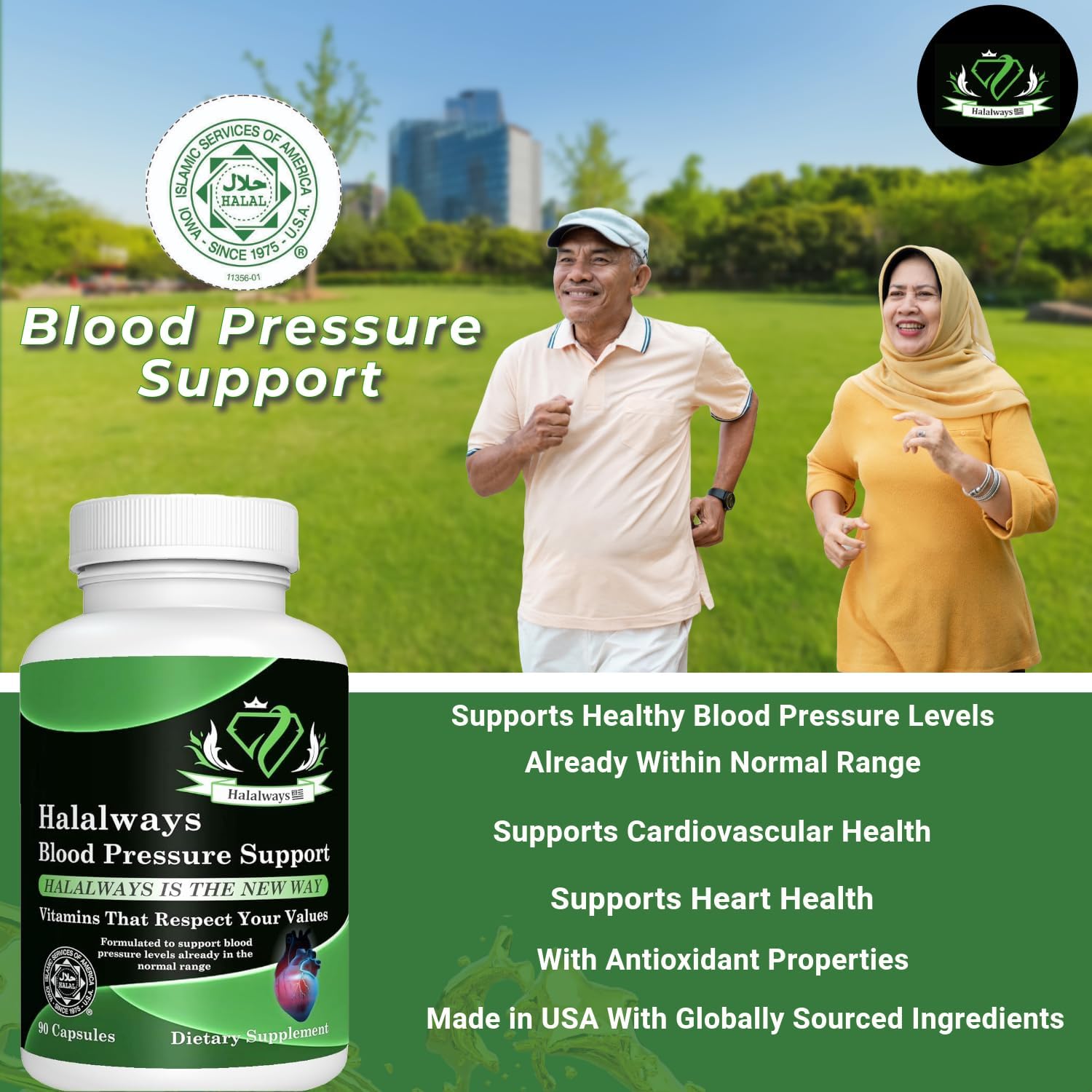 Certified Halal Halalways Blood Pressure Support Supplement with Garlic, Hawthorn, Green Tea, & Hibiscus for Healthy Hypertension