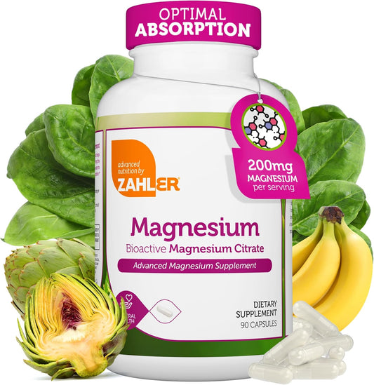 Certified Kosher Bioactive Magnesium Citrate Capsules for Max Absorption - 200 mg (90 Count) - Natural Mineral Supplement for Men & Women - Top Magnesium Supplements