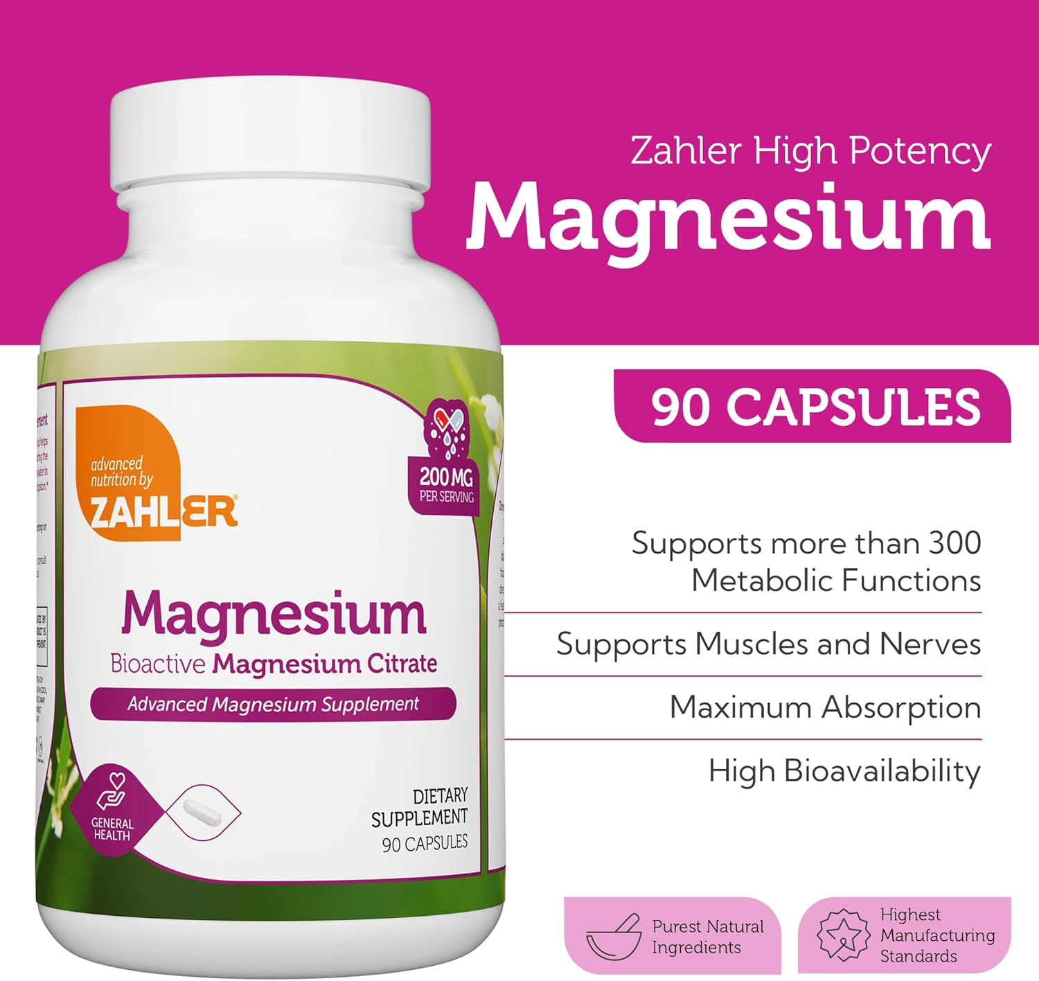 Certified Kosher Bioactive Magnesium Citrate Capsules for Max Absorption - 200 mg (90 Count) - Natural Mineral Supplement for Men & Women - Top Magnesium Supplements