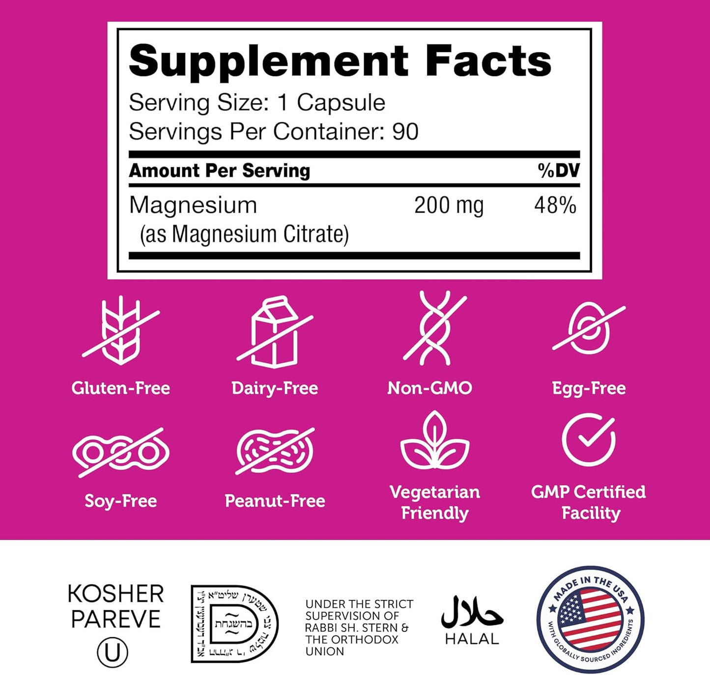 Certified Kosher Bioactive Magnesium Citrate Capsules for Max Absorption - 200 mg (90 Count) - Natural Mineral Supplement for Men & Women - Top Magnesium Supplements