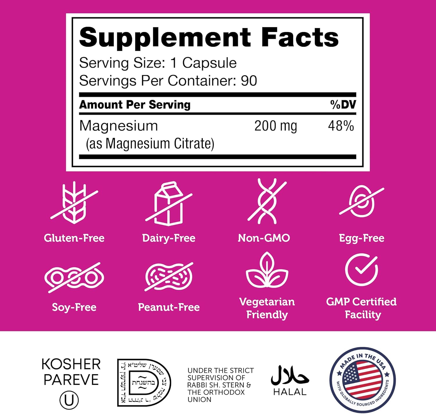 Certified Kosher Bioactive Magnesium Citrate Capsules for Max Absorption - 200 mg (90 Count) - Natural Mineral Supplement for Men & Women - Top Magnesium Supplements