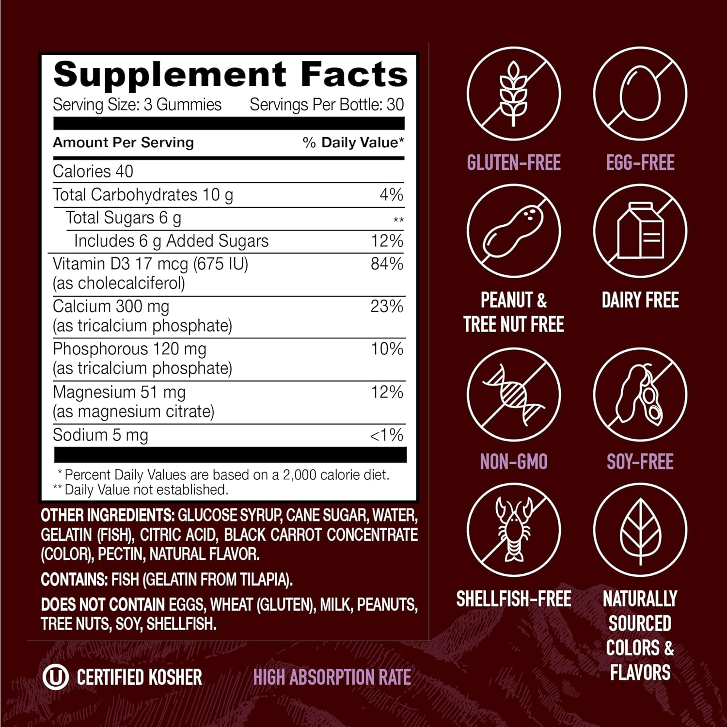Certified Kosher Calcium, Magnesium, & Vitamin D3 Gummies for Strong Bone Health - 90 Count