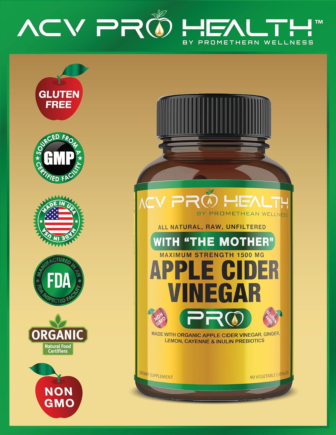 Certified Organic 2-Pack ACV Pro Apple Cider Vinegar Capsules for Detox Cleanse and Acid Reflux Relief - Promethean Wellness Supplement with Ginger and Cayenne Pepper