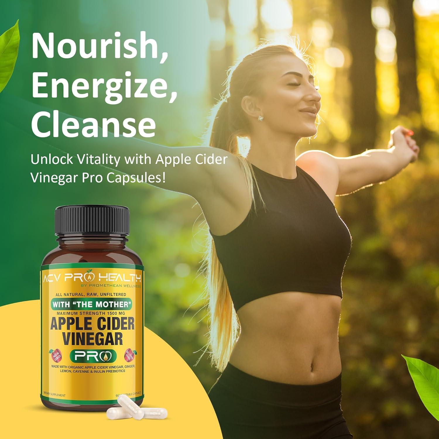 Certified Organic 2-Pack ACV Pro Apple Cider Vinegar Capsules for Detox Cleanse and Acid Reflux Relief - Promethean Wellness Supplement with Ginger and Cayenne Pepper