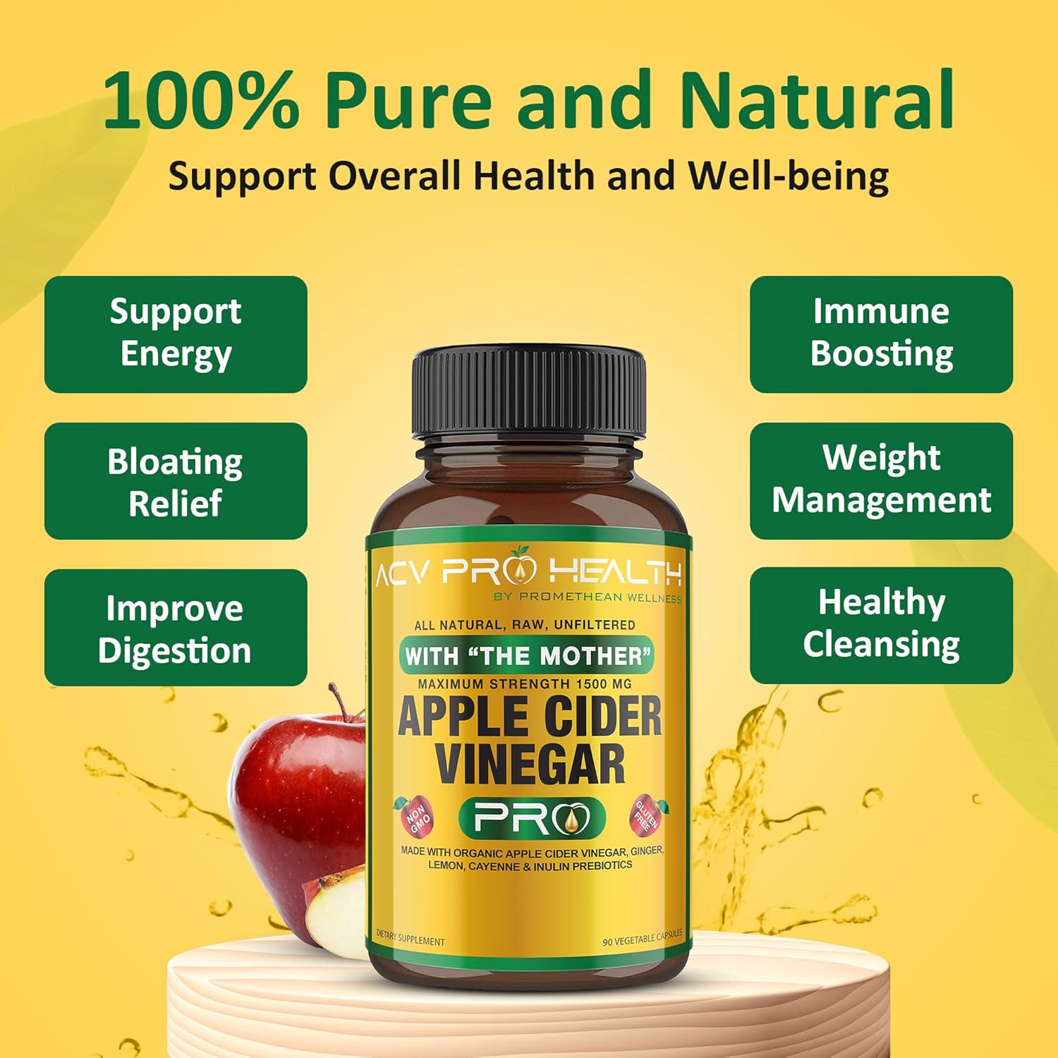 Certified Organic 2-Pack ACV Pro Apple Cider Vinegar Capsules for Detox Cleanse and Acid Reflux Relief - Promethean Wellness Supplement with Ginger and Cayenne Pepper