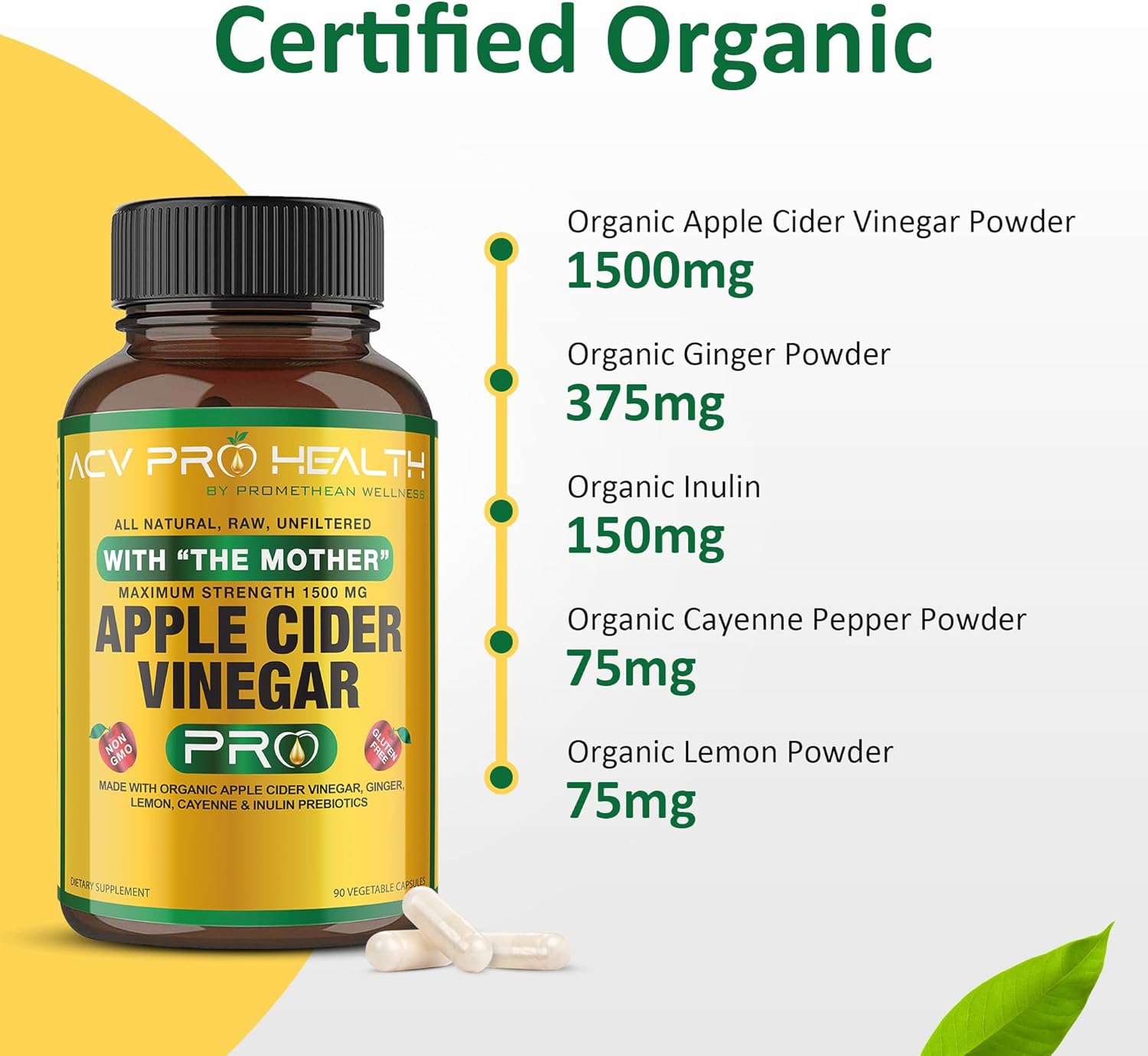 Certified Organic 2-Pack ACV Pro Apple Cider Vinegar Capsules for Detox Cleanse and Acid Reflux Relief - Promethean Wellness Supplement with Ginger and Cayenne Pepper