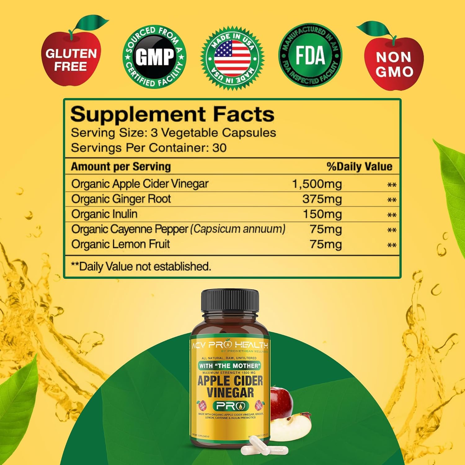 Certified Organic 2-Pack ACV Pro Apple Cider Vinegar Capsules for Detox Cleanse and Acid Reflux Relief - Promethean Wellness Supplement with Ginger and Cayenne Pepper