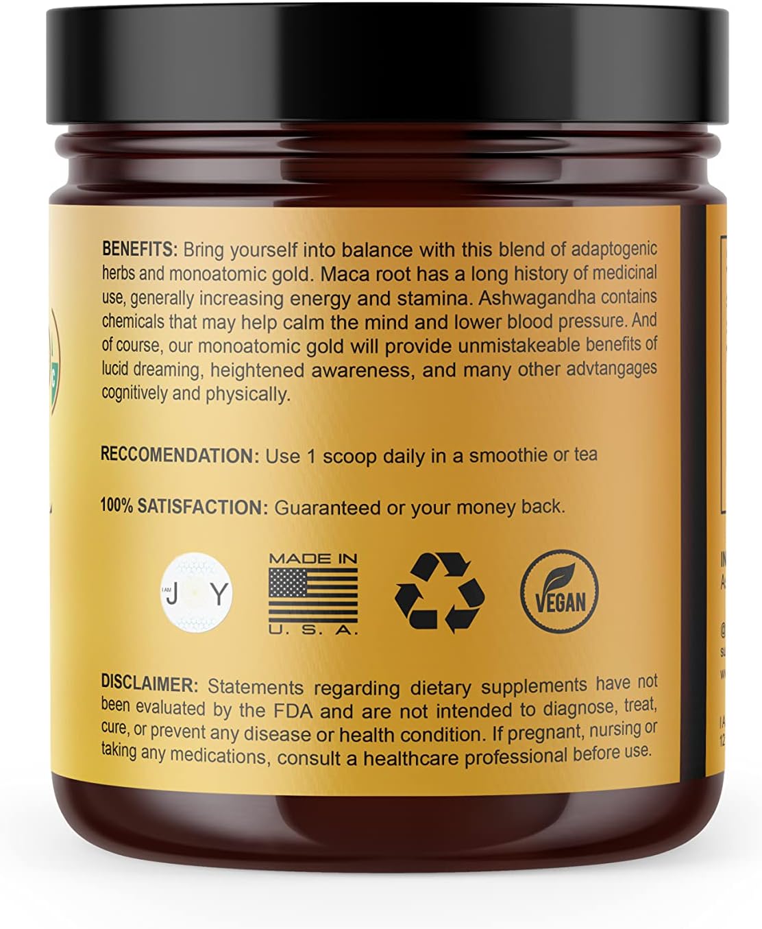 Certified Organic 24k White Gold Ormus Powder with Maca and Ashwagandha - Pineal Gland Detox and Balance - Eco Friendly 8oz Glass Bottle