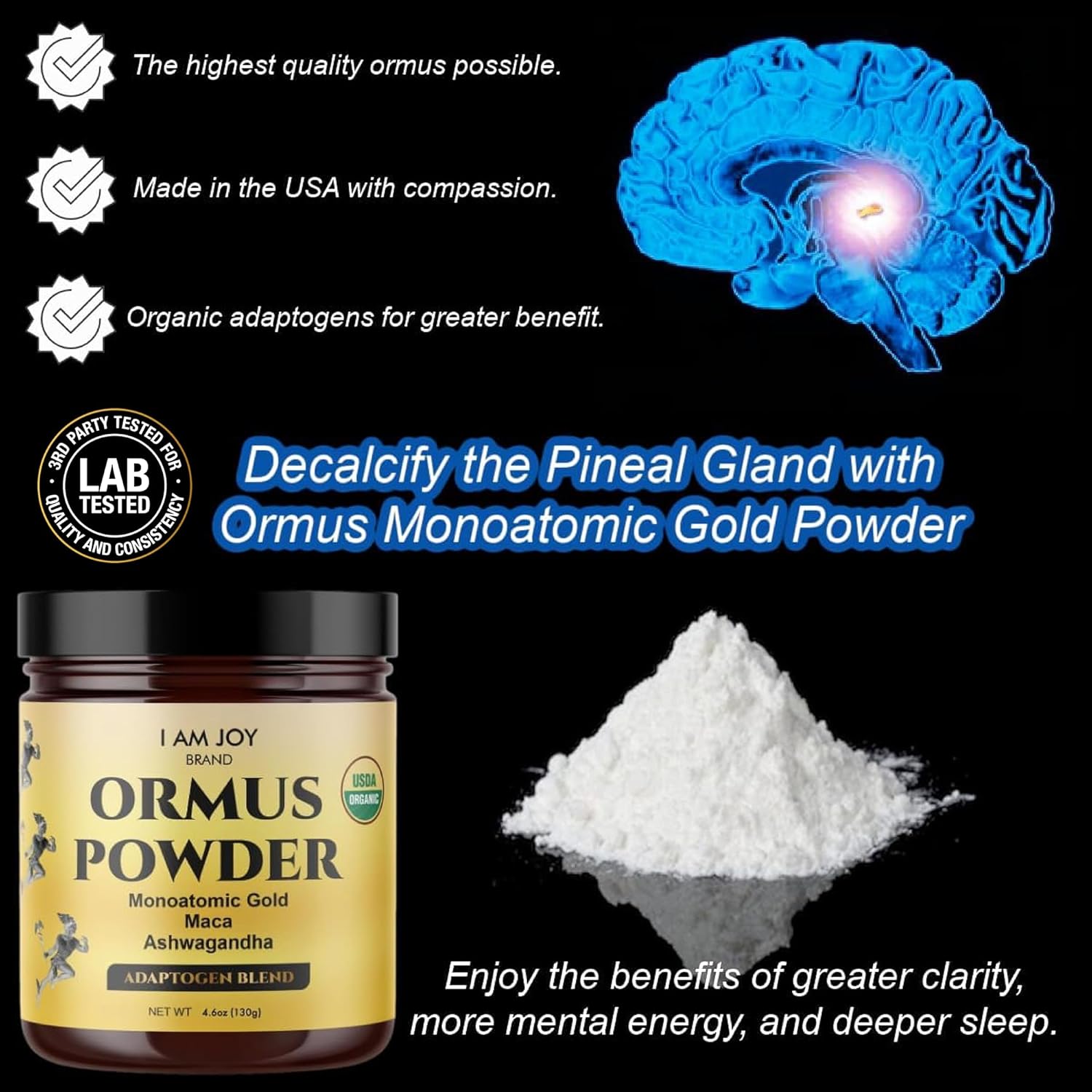Certified Organic 24k White Gold Ormus Powder with Maca and Ashwagandha - Pineal Gland Detox and Balance - Eco Friendly 8oz Glass Bottle