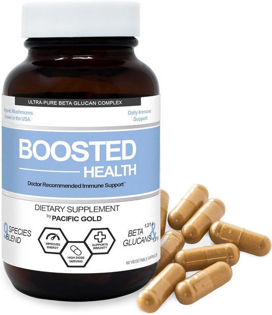 Certified Organic 9 Mushroom Complex Supplement for Immune Support, Memory, and Focus - Pacific Gold Boosted Health 60 Capsules