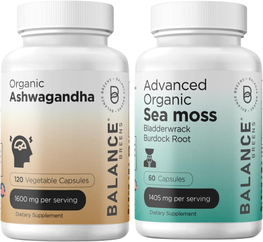 Certified Organic Ashwagandha 1600mg + Advanced Irish Sea Moss Supplement Combo by Balancebreens