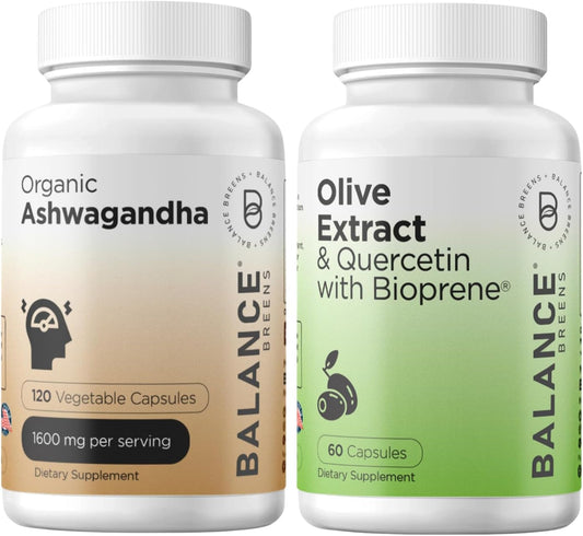 Certified Organic Ashwagandha 1600mg with Immunity-Boosting Olive Leaf Extract and Quercetin 400mg - Supplement Combo with Bioperine