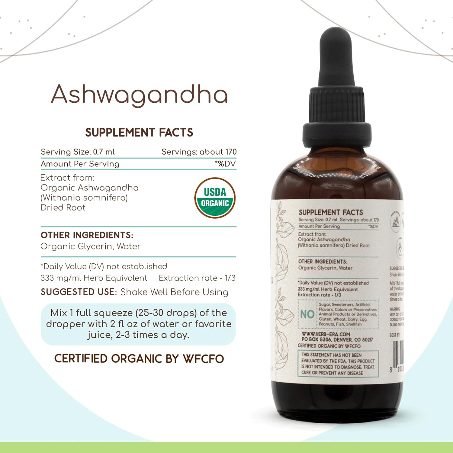 Certified Organic Ashwagandha Tincture | Alcohol-Free Herbal Extract Drops | High-Potency USDA Organic Withania Somnifera Root (4 oz)