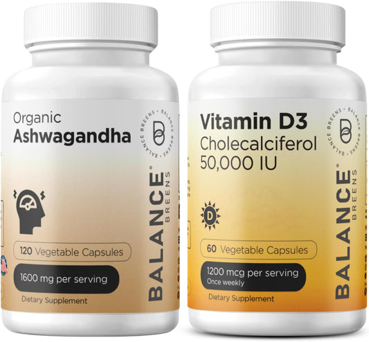 Certified Organic Ashwagandha & Vitamin D3 1600 mg + 50,000 IU Supplement Combo by Balancebreens