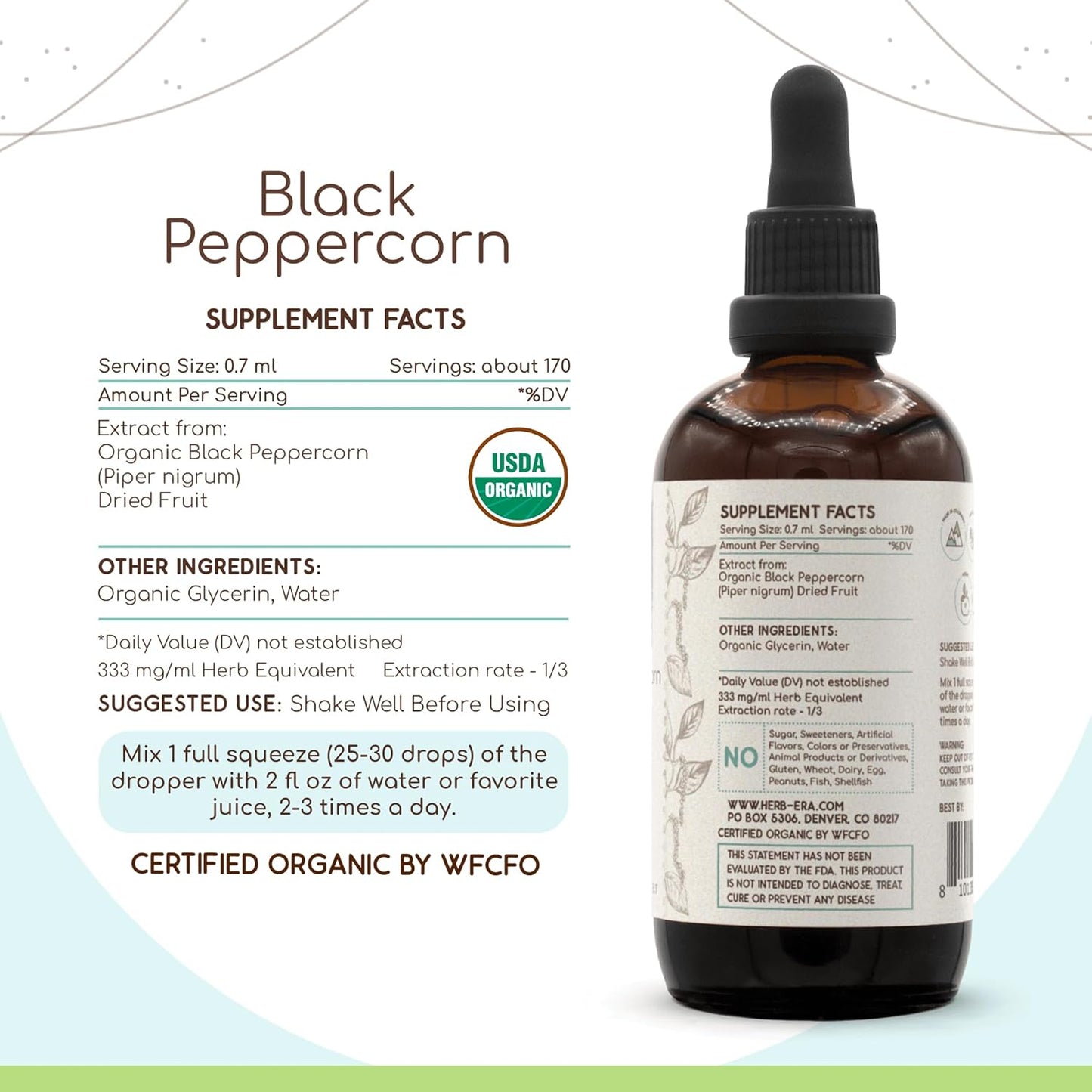 Certified Organic Black Peppercorn Tincture 4 oz - Alcohol-Free High-Potency Herbal Drops by HerbEra