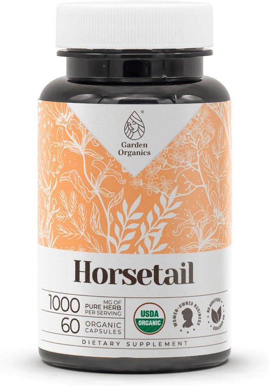 Certified Organic Garden Organics Horsetail Capsules - High-Potency Natural Supplement with USDA Organic Horsetail Herb - 60 Vegetarian Capsules