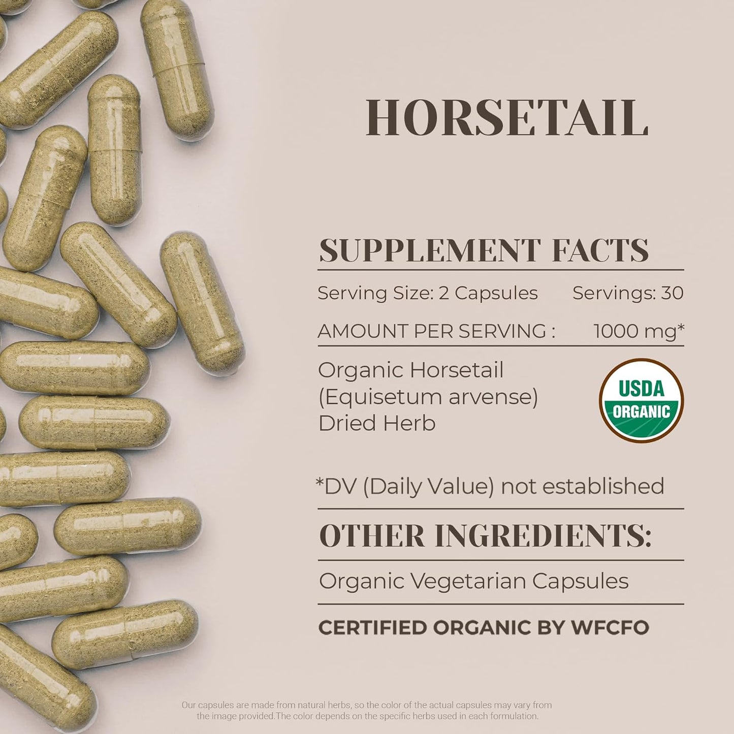 Certified Organic Garden Organics Horsetail Capsules - High-Potency Natural Supplement with USDA Organic Horsetail Herb - 60 Vegetarian Capsules