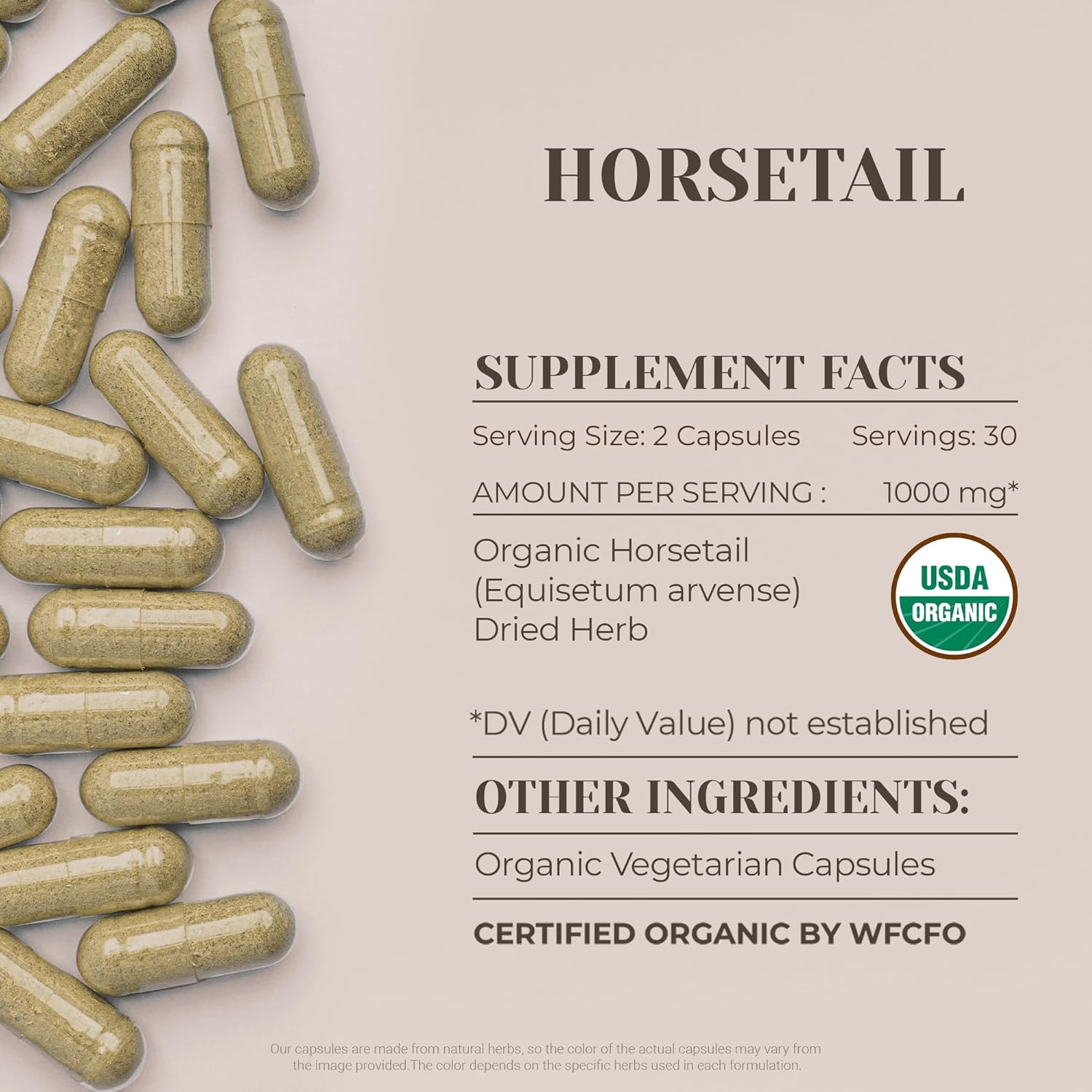 Certified Organic Garden Organics Horsetail Capsules - High-Potency Natural Supplement with USDA Organic Horsetail Herb - 60 Vegetarian Capsules