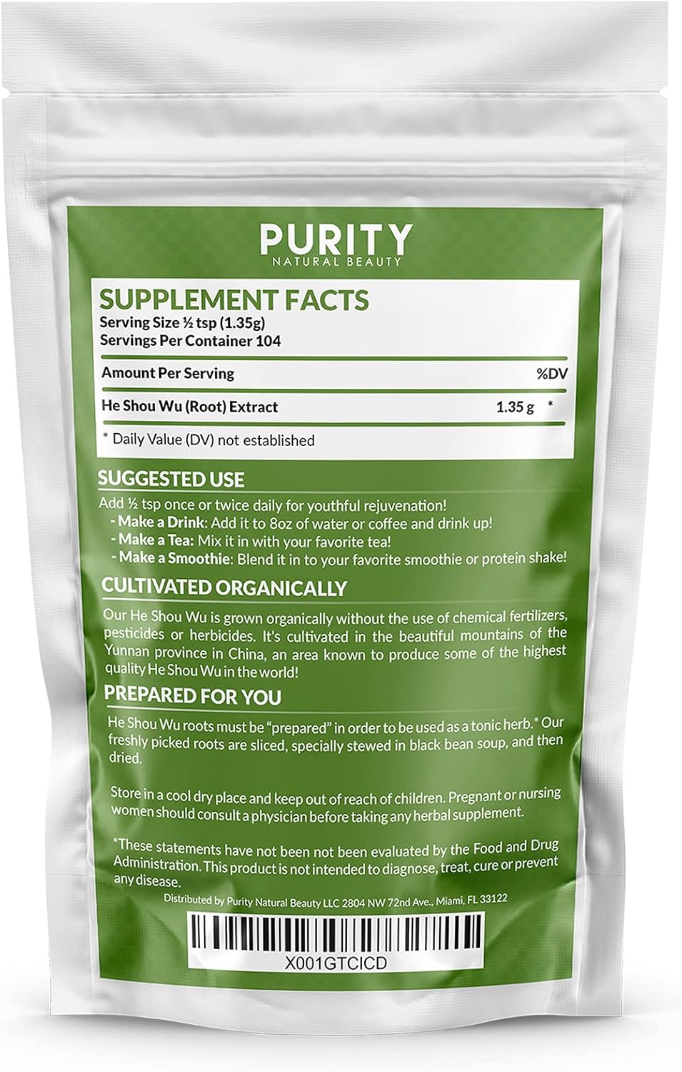 Certified Organic He Shou Wu Extract - Large 10oz Bag - 30:1 Concentrated Foti Extract - Purity Natural Beauty Fo ti He Shou Wu Organic Pack