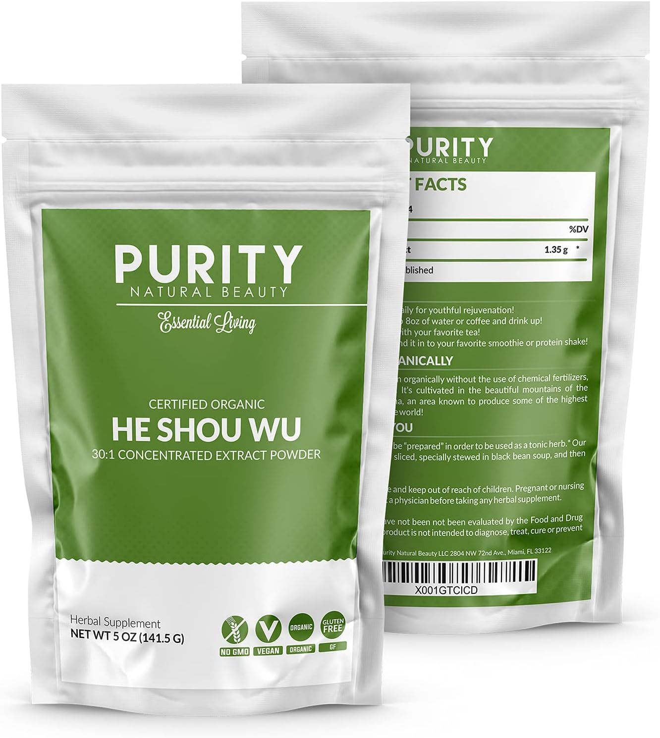 Certified Organic He Shou Wu Extract - Large 5oz Bag of 30:1 Concentrated Fo-Ti - Organic Foti Extract - Pack of 5-25 Ounces