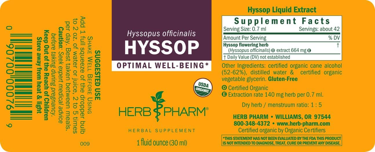 Certified Organic Hyssop Liquid Extract by Herb Pharm - 1 Ounce Bottle