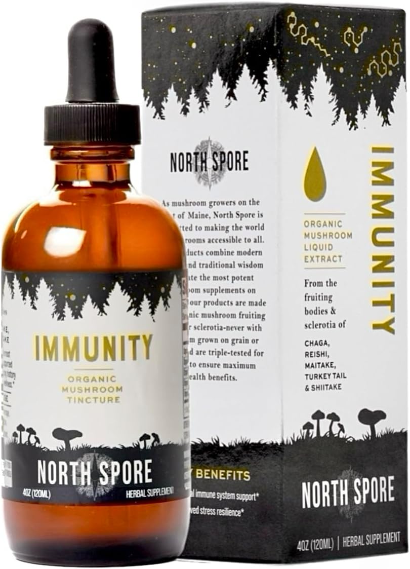 Certified Organic Immunity Mushroom Tincture | North Spore (4 oz) | Fruiting Body Extracts | Chaga, Turkey Tail, Reishi, Maitake, Shiitake | Vegan, Non-GMO, Made in USA