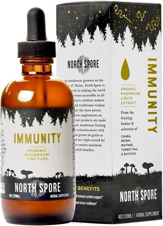 Certified Organic Immunity Mushroom Tincture | North Spore (4 oz) | Fruiting Body Extracts | Chaga, Turkey Tail, Reishi, Maitake, Shiitake | Vegan, Non-GMO, Made in USA