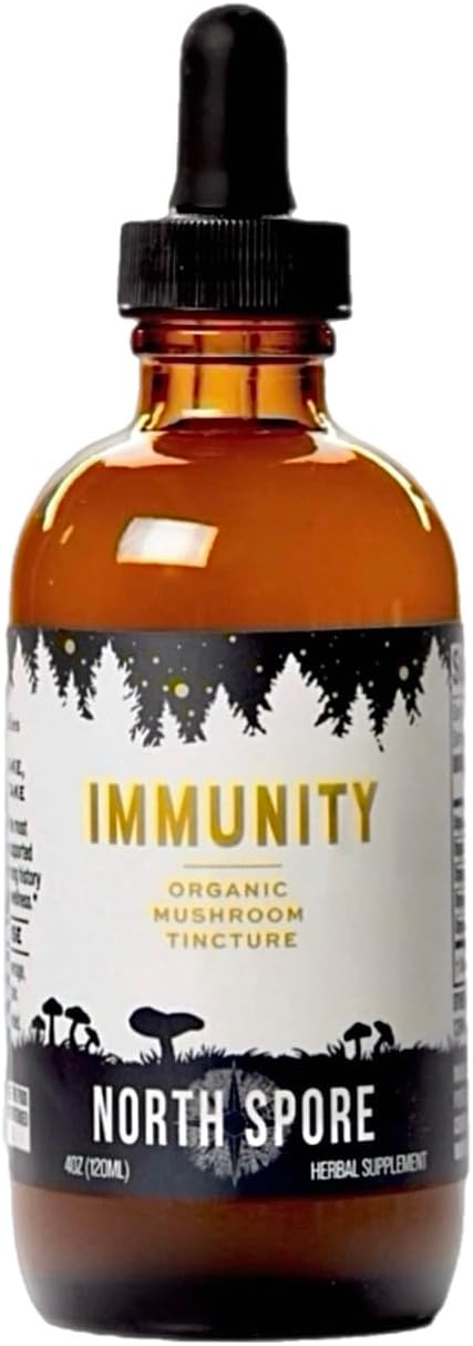 Certified Organic Immunity Mushroom Tincture | North Spore (4 oz) | Fruiting Body Extracts | Chaga, Turkey Tail, Reishi, Maitake, Shiitake | Vegan, Non-GMO, Made in USA