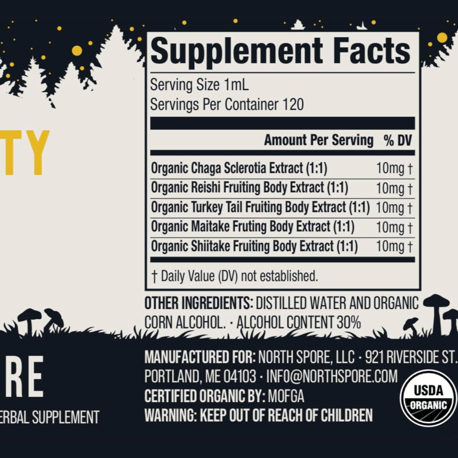 Certified Organic Immunity Mushroom Tincture | North Spore (4 oz) | Fruiting Body Extracts | Chaga, Turkey Tail, Reishi, Maitake, Shiitake | Vegan, Non-GMO, Made in USA