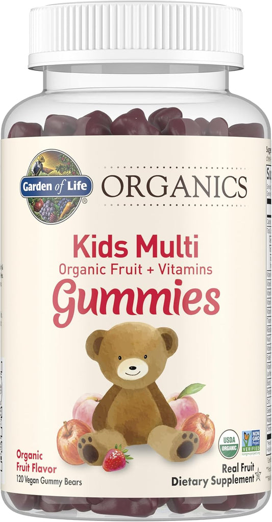 Certified Organic Kids Gummy Vitamins - Non-GMO Vegan Complete Multi with B12, C, D3 - Gluten, Soy, Dairy Free - 120 Fruit Chew Gummies