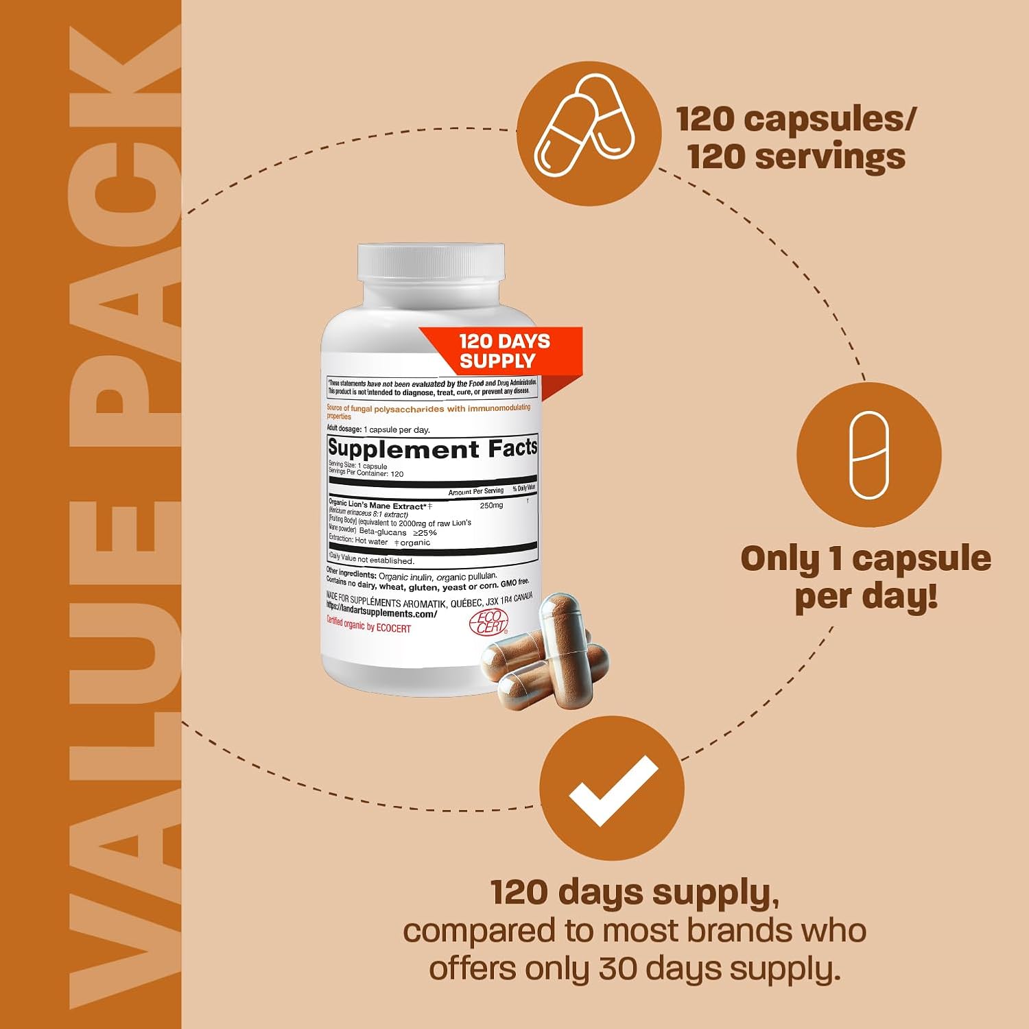 Certified Organic Lion's Mane Extract - 2000mg - 120 Days Supply - Cognitive Support & Mental Clarity - Multiple Extraction Formula