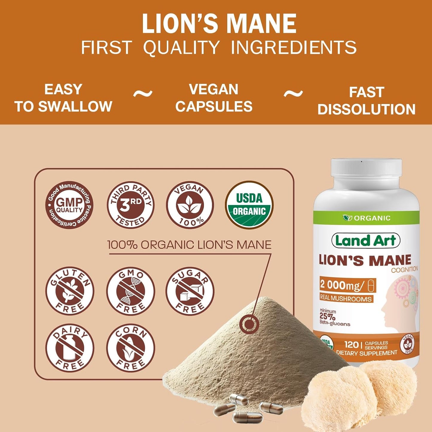 Certified Organic Lion's Mane Extract - 2000mg - 120 Days Supply - Cognitive Support & Mental Clarity - Multiple Extraction Formula
