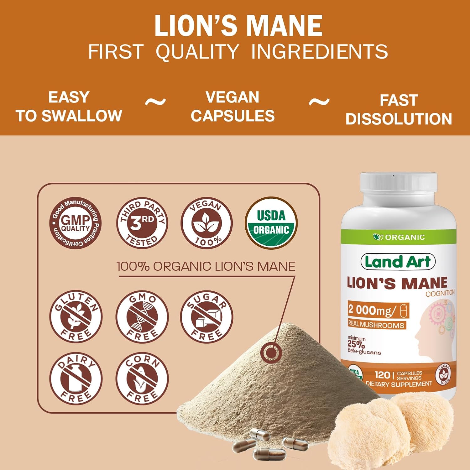 Certified Organic Lion's Mane Extract - 2000mg - 120 Days Supply - Cognitive Support & Mental Clarity - Multiple Extraction Formula