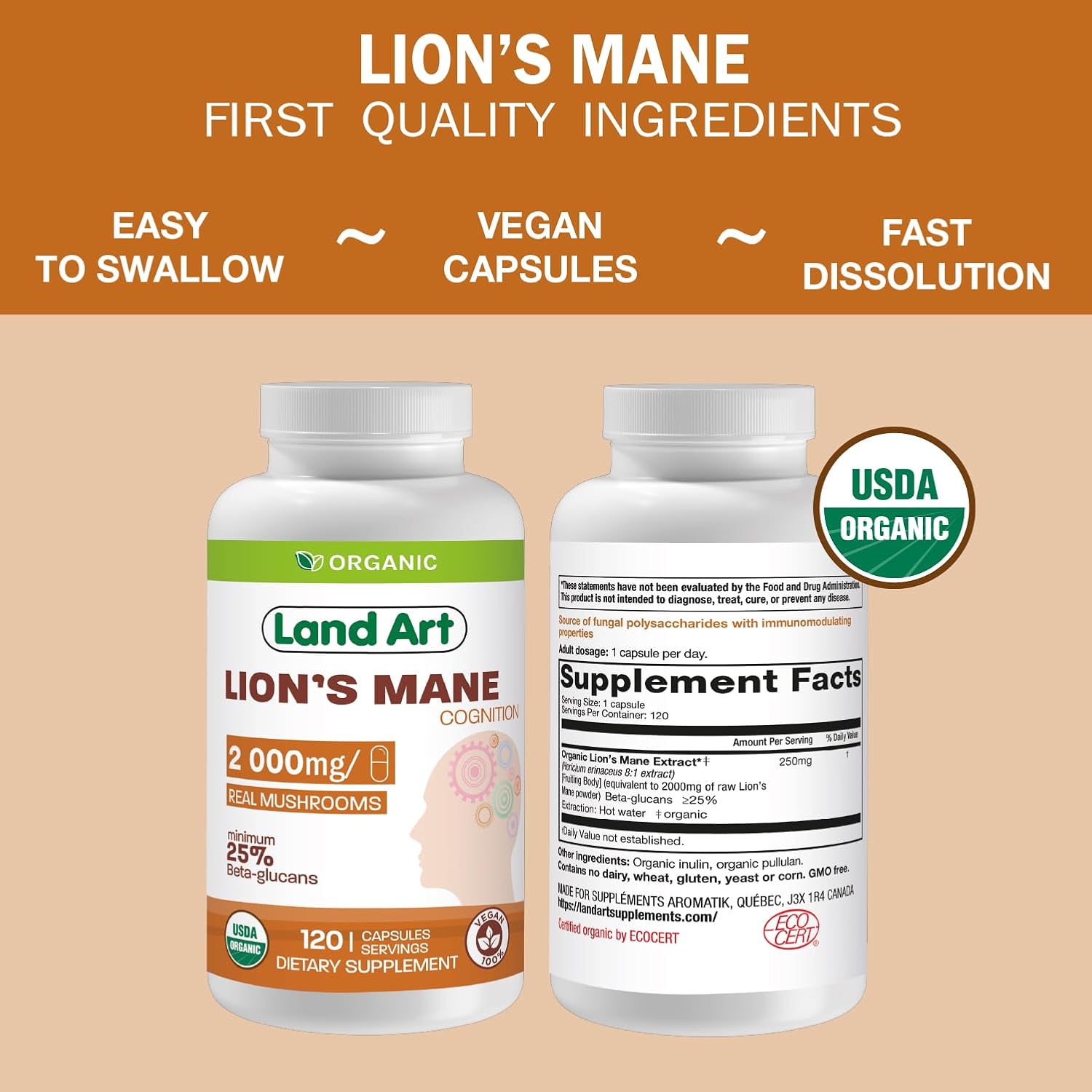 Certified Organic Lion's Mane Extract - 2000mg - 120 Days Supply - Cognitive Support & Mental Clarity - Multiple Extraction Formula