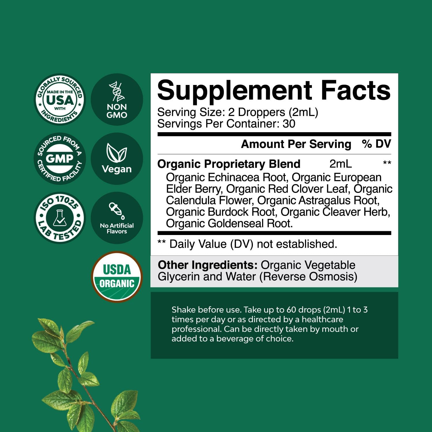 Certified Organic Lymphatic Drainage Drops with Echinacea and Goldenseal Extracts - Immune Support Supplement - Vegan and Non-GMO - 30 Servings