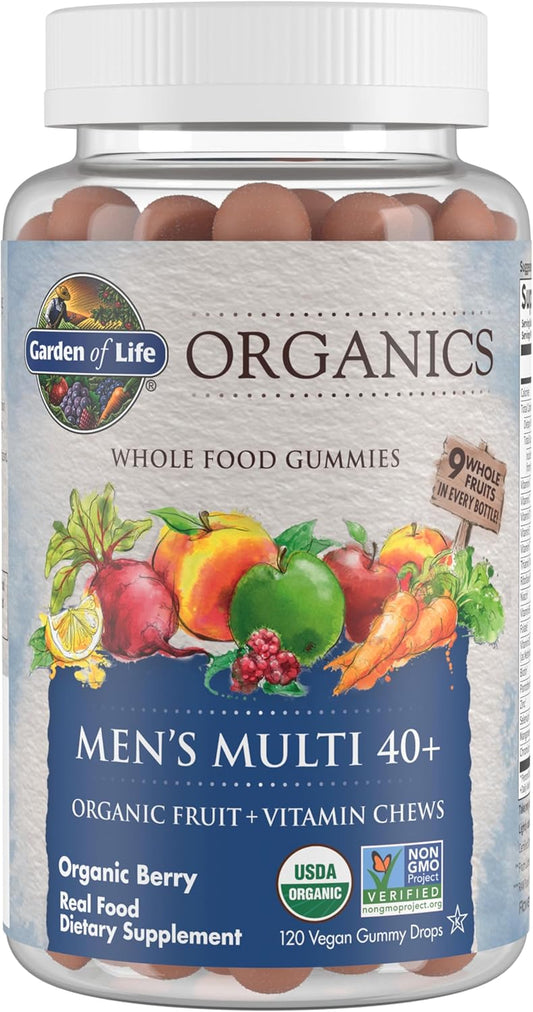 Certified Organic Men's 40+ Berry Gummy Vitamins - Vegan & Kosher Multi with Methyl B12, C & D3 - Gluten, Soy & Dairy Free - 120 Real Fruit Gummies