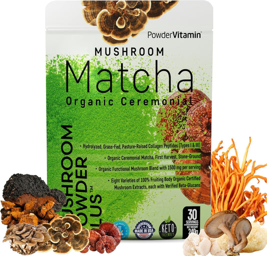 Certified Organic Mushroom Matcha Powder with Grass-Fed Collagen for Focus, Digestion, and Immunity - 30 Servings