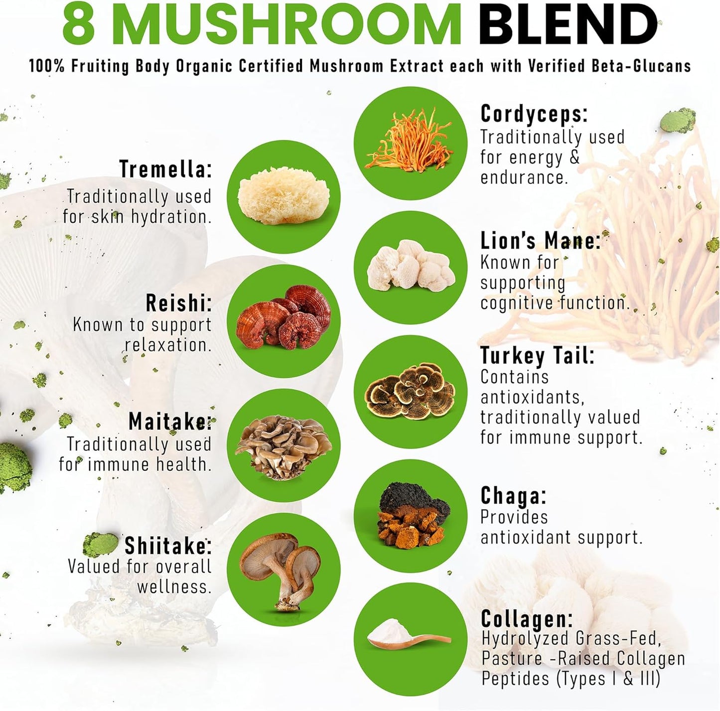 Certified Organic Mushroom Matcha Powder with Grass-Fed Collagen for Focus, Digestion, and Immunity - 30 Servings