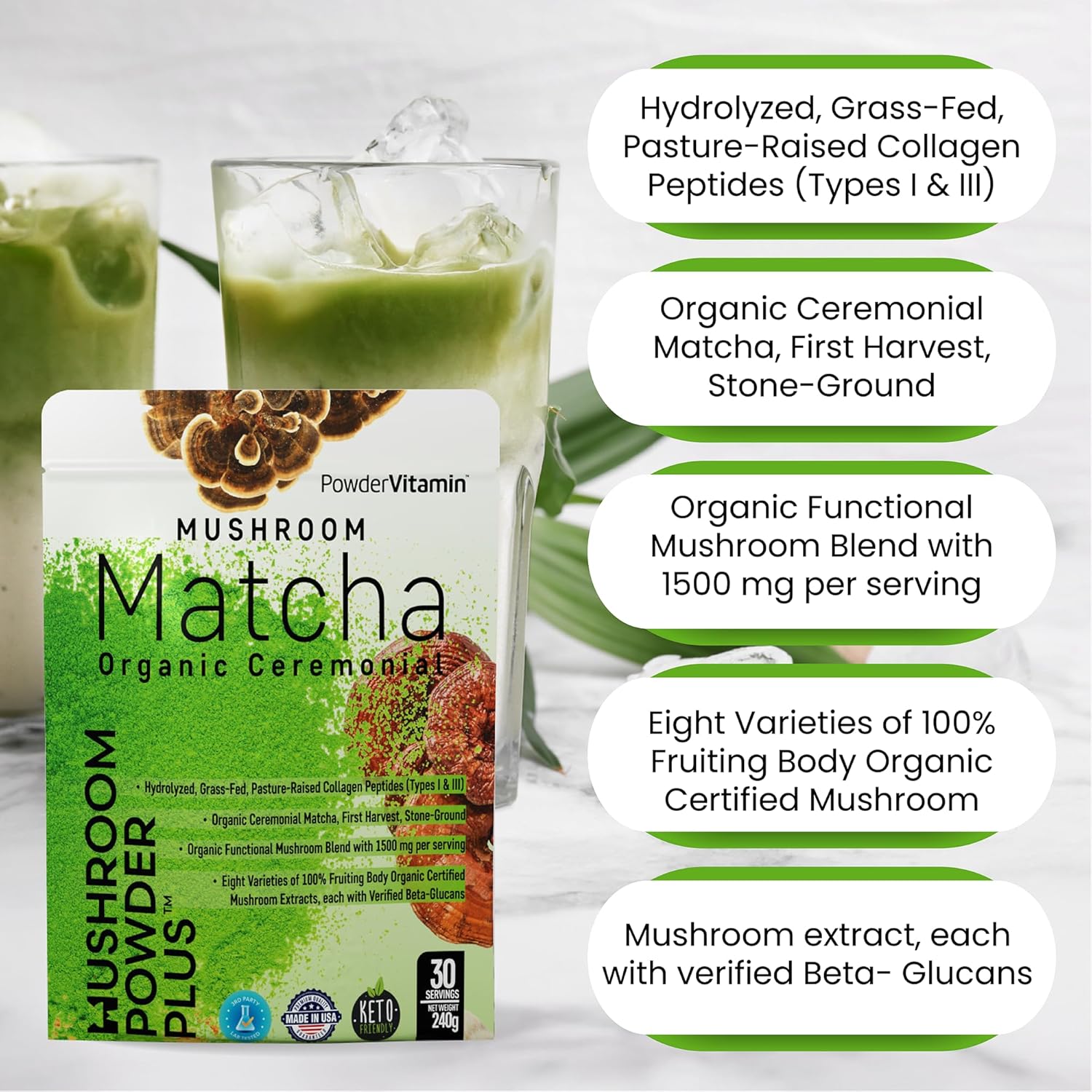 Certified Organic Mushroom Matcha Powder with Grass-Fed Collagen for Focus, Digestion, and Immunity - 30 Servings