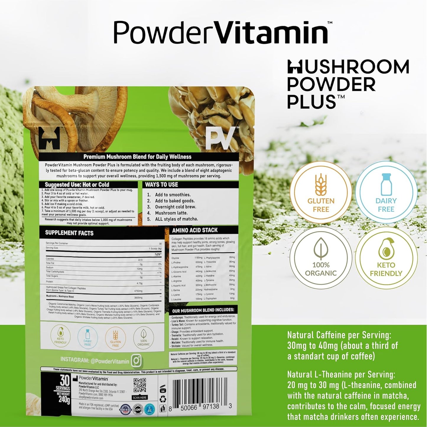 Certified Organic Mushroom Matcha Powder with Grass-Fed Collagen for Focus, Digestion, and Immunity - 30 Servings