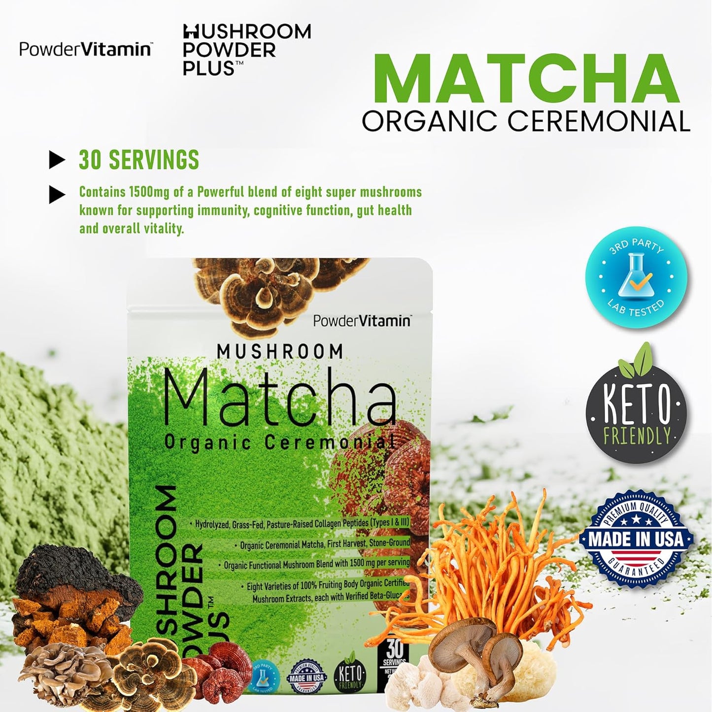 Certified Organic Mushroom Matcha Powder with Grass-Fed Collagen for Focus, Digestion, and Immunity - 30 Servings