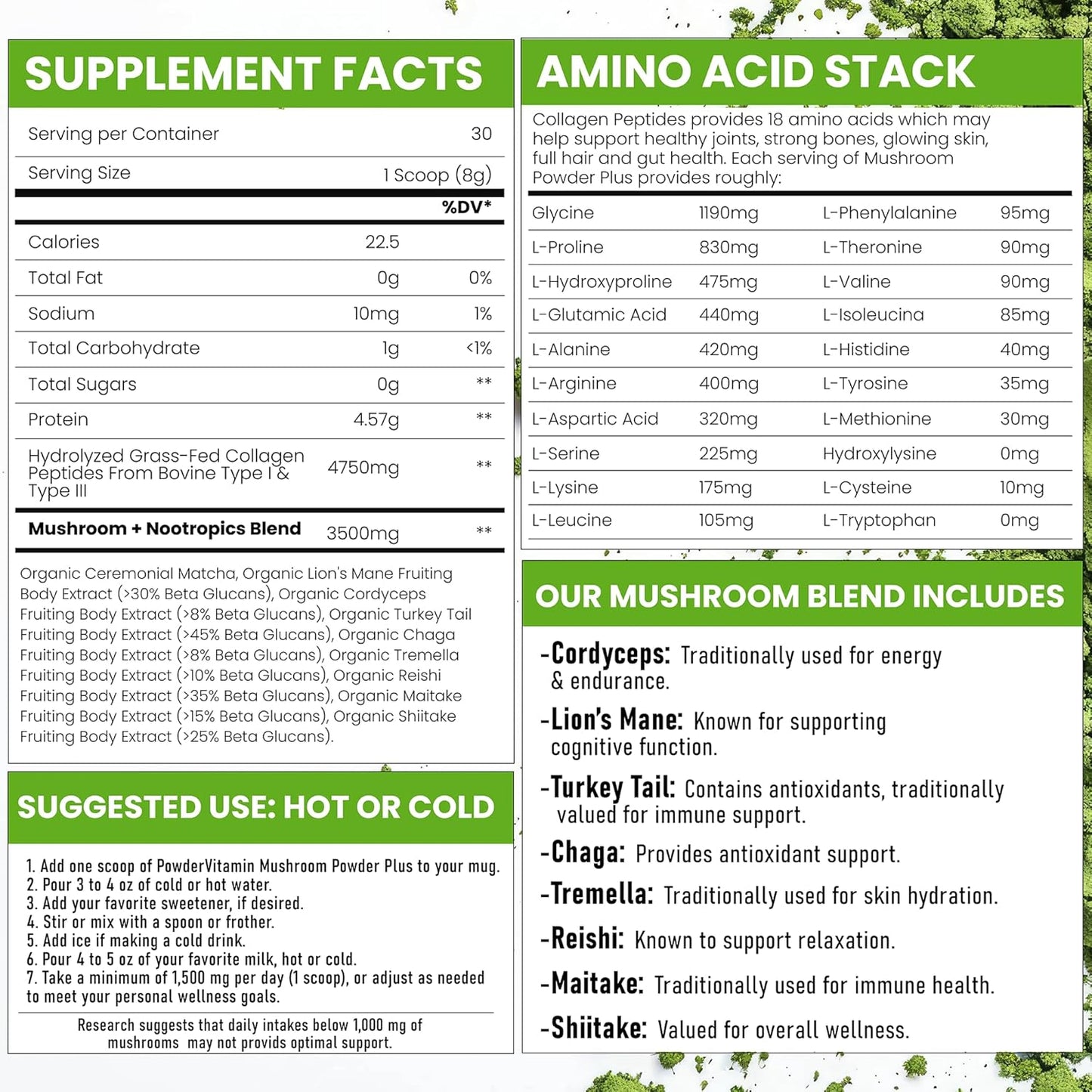 Certified Organic Mushroom Matcha Powder with Grass-Fed Collagen for Focus, Digestion, and Immunity - 30 Servings