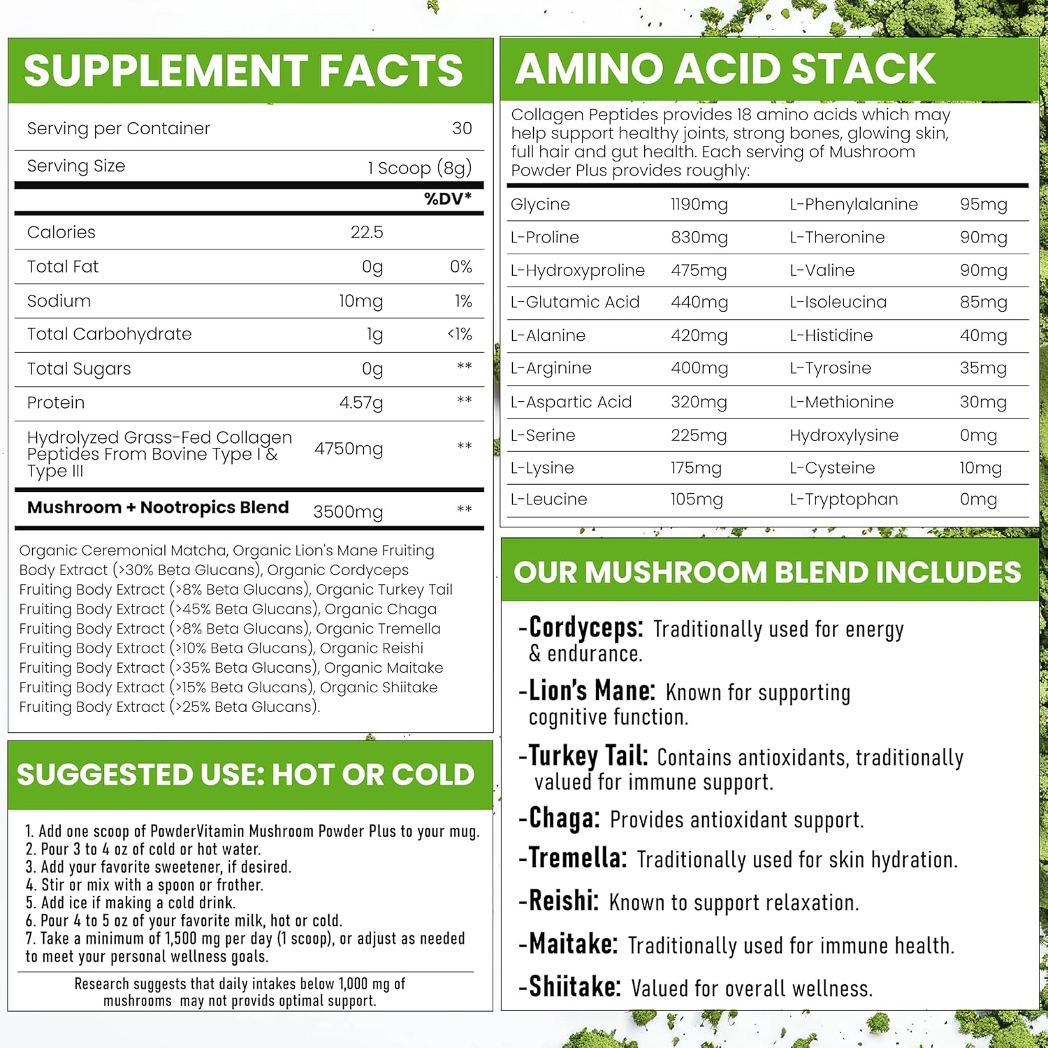 Certified Organic Mushroom Matcha Powder with Grass-Fed Collagen for Focus, Digestion, and Immunity - 30 Servings
