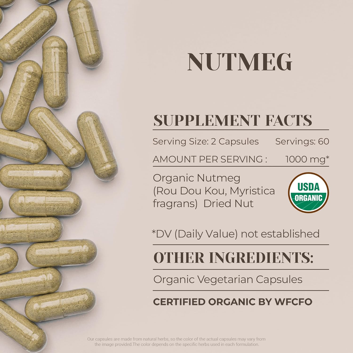 Certified Organic Nutmeg Capsules - High-Potency Natural Supplement with USDA Organic Vegetarian Capsules - 120 Count
