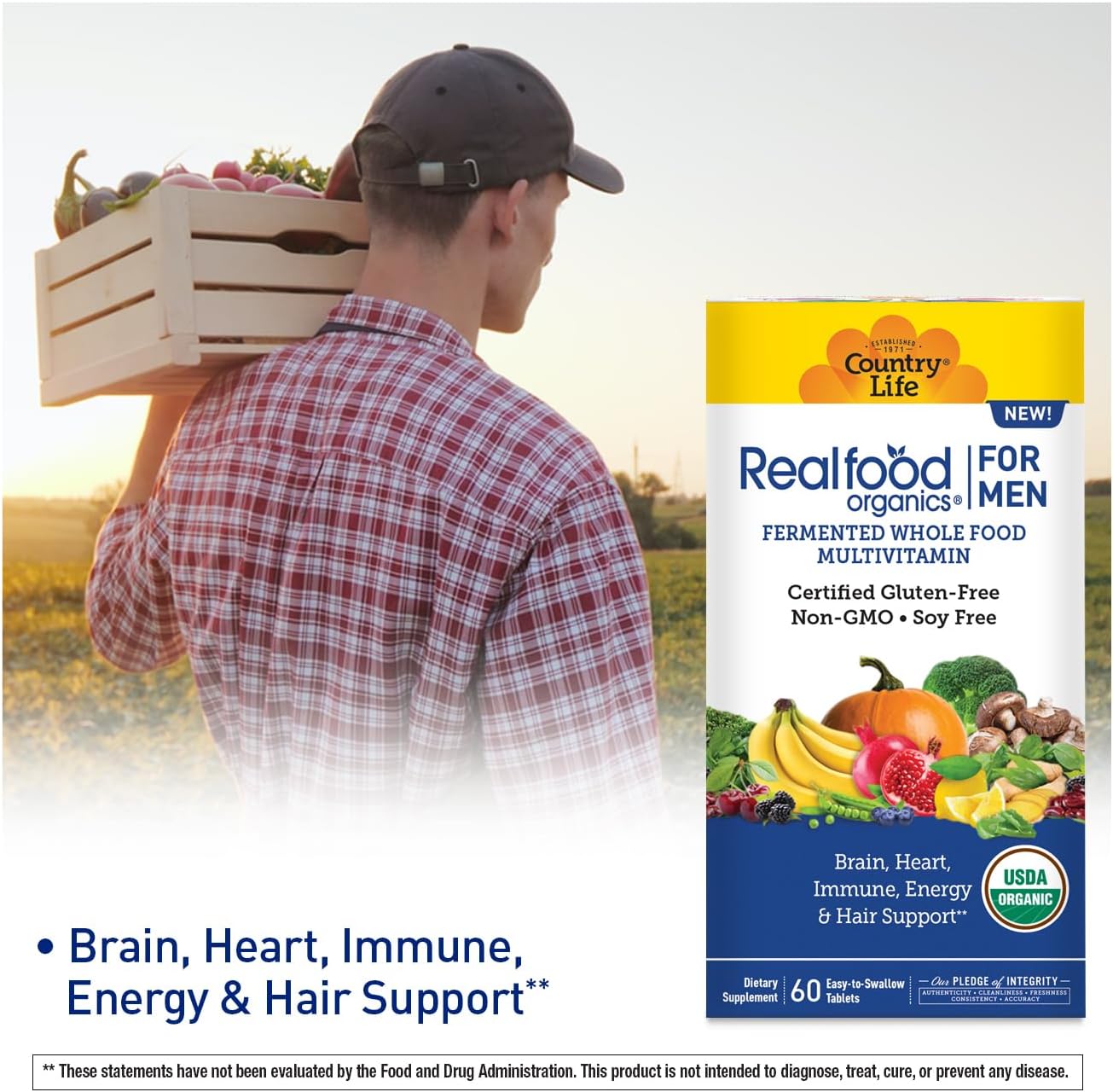 Certified Organic Realfood Organics for Men - Gluten Free & Vegan - 60 Tablets with 1,300mg Organic Fermented Whole Foods