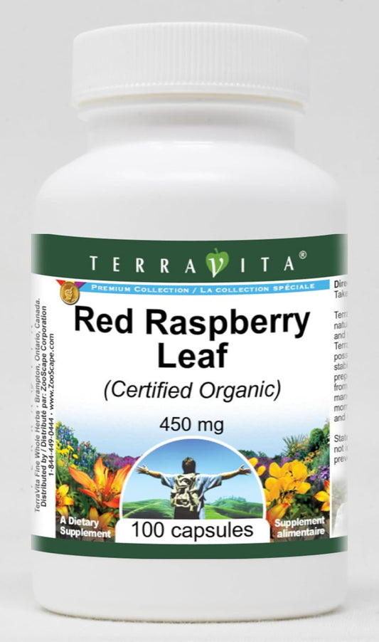 Certified Organic Red Raspberry Leaf Capsules - 450 mg (100 Count) by Terravita